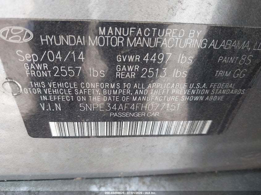2015 HYUNDAI SONATA SEDAN 2.4L I-4 DI, DOHC, VVT, 185HP