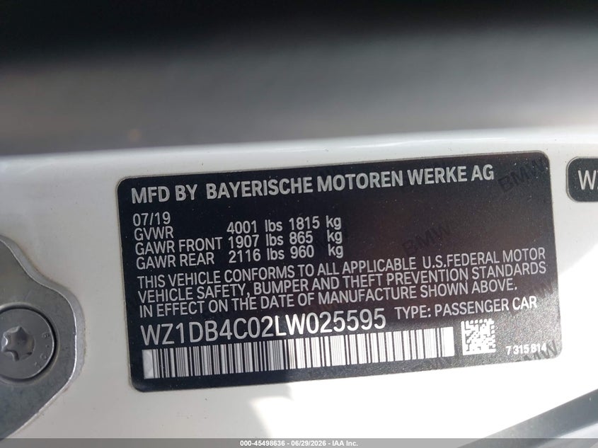 2020 Toyota Gr Supra 3.0 Premium VIN: WZ1DB4C02LW025595 Lot: 45498636