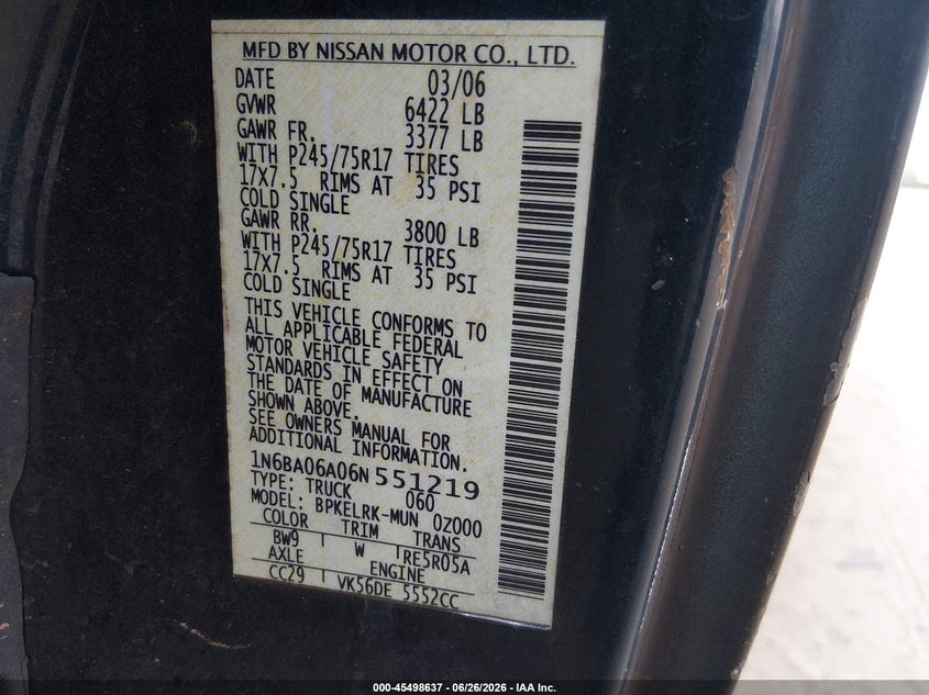 2006 Nissan Titan Xe VIN: 1N6BA06A06N551219 Lot: 45498637
