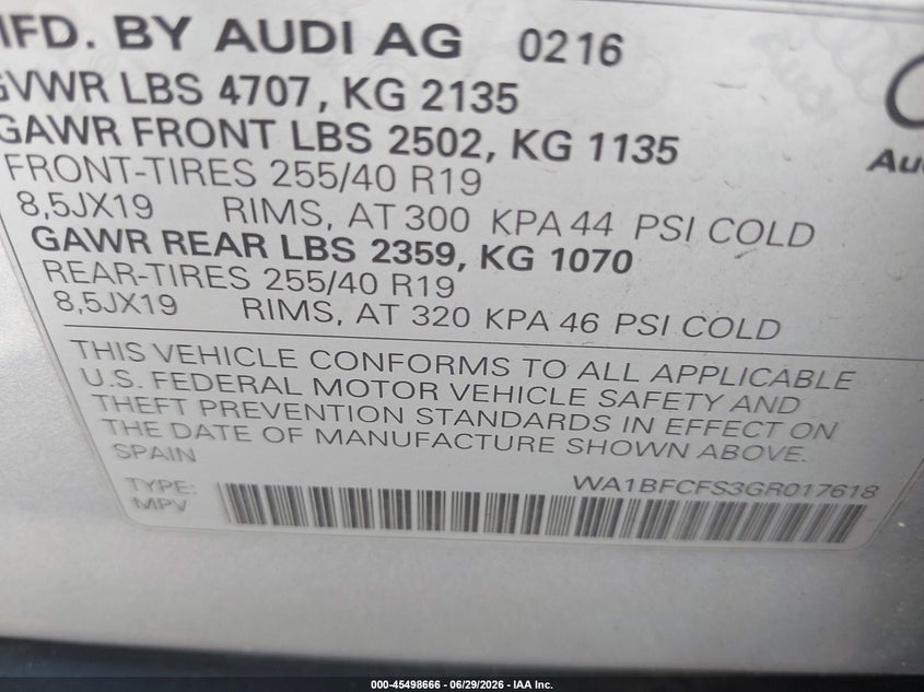 2016 Audi Q3 2.0T Premium Plus VIN: WA1BFCFS3GR017618 Lot: 45498666
