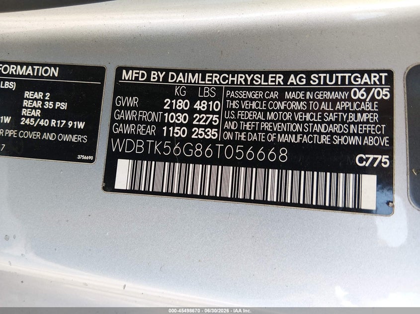 2006 Mercedes-Benz Clk 350 VIN: WDBTK56G86T056668 Lot: 45498670