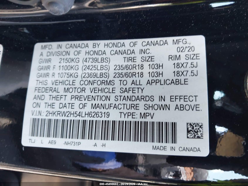HONDA CR-V 2020 VIN 2HKRW2H54LH626319