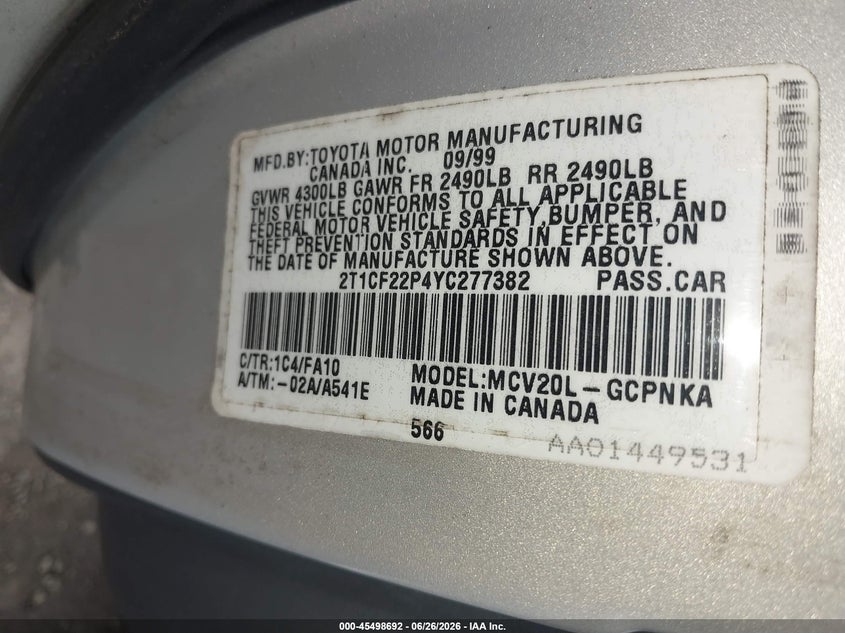 2000 Toyota Camry Solara Se V6 VIN: 2T1CF22P4YC277382 Lot: 45498692