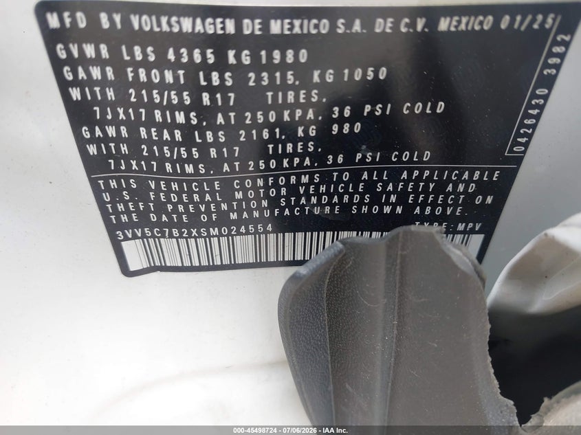 2025 Volkswagen Taos 1.5T S VIN: 3VV5C7B2XSM024554 Lot: 45498724
