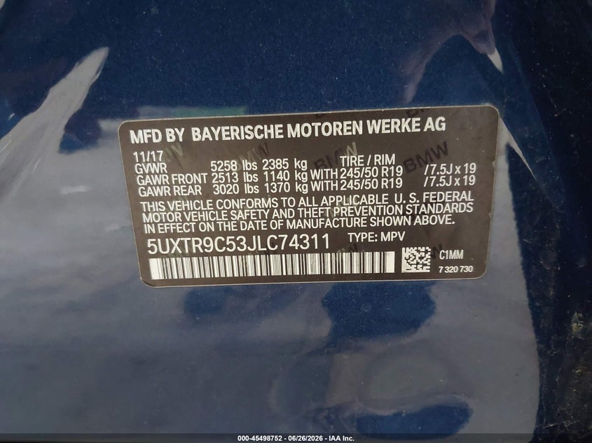 2018 BMW X3 xDrive30I VIN: 5UXTR9C53JLC74311 Lot: 45498752