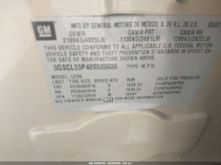 2008 Saturn Vue 4-Cyl Xe VIN: 3GSCL33P48S509936 Lot: 45498755