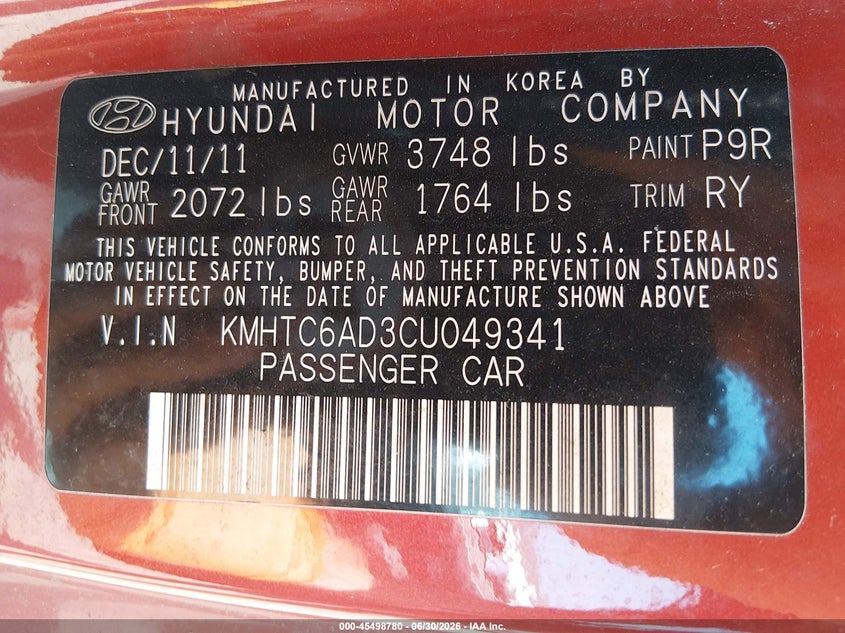 2012 Hyundai Veloster Base W/Red/Black VIN: KMHTC6AD3CU049341 Lot: 45498780