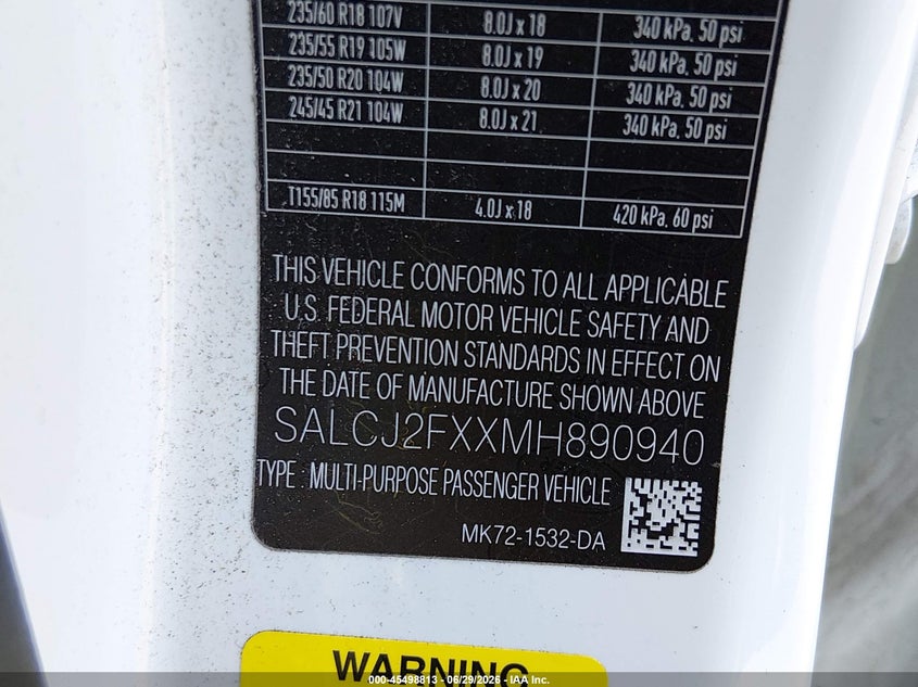 2021 Land Rover Discovery Sport S VIN: SALCJ2FXXMH890940 Lot: 45498813