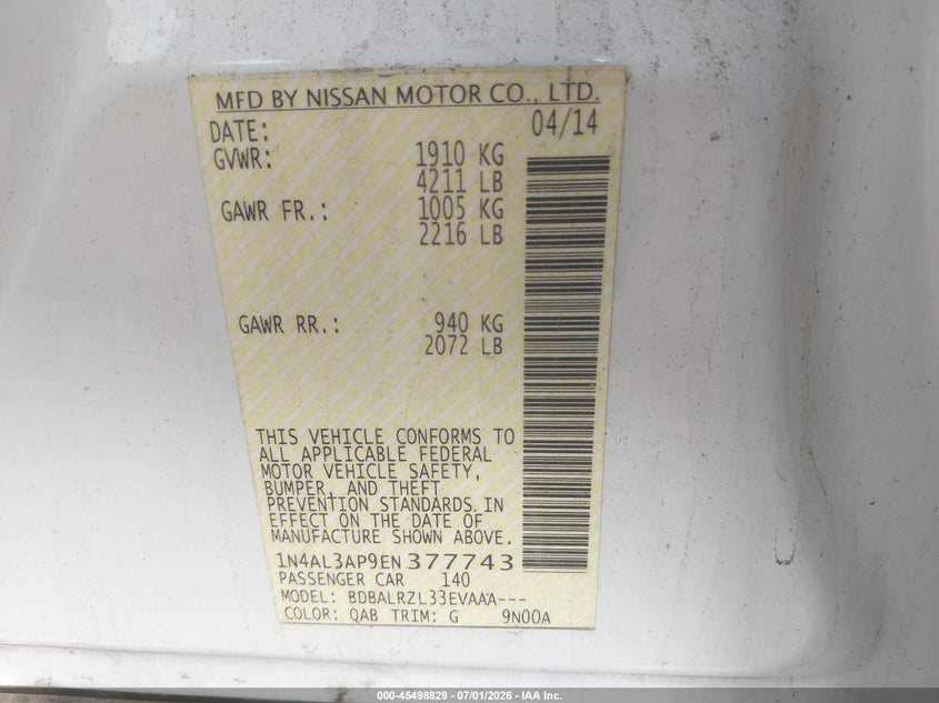 NISSAN ALTIMA 2014 VIN 1N4AL3AP9EN377743