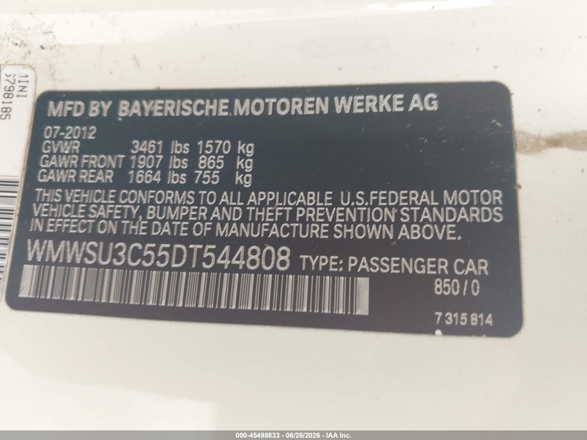 2013 Mini Hardtop Cooper VIN: WMWSU3C55DT544808 Lot: 45498833