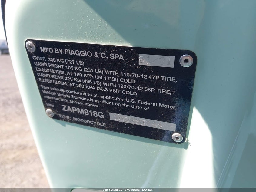 2021 Vespa Primavera/Sprint 150 VIN: ZAPM818G2M5903744 Lot: 45498835
