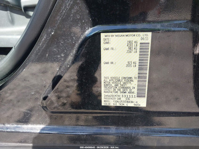 2015 Nissan Leaf Sl VIN: 1N4AZ0CP7FC331111 Lot: 45498845