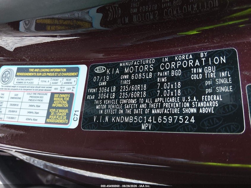 2020 Kia Sedona Ex VIN: KNDMB5C14L6597524 Lot: 45498868