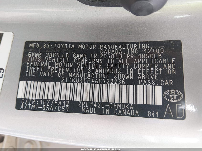 2010 Toyota Matrix VIN: 2T1KU4EE4AC322236 Lot: 45498893
