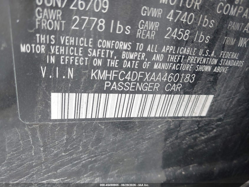 2010 Hyundai Azera Limited VIN: KMHFC4DFXAA460183 Lot: 45498905