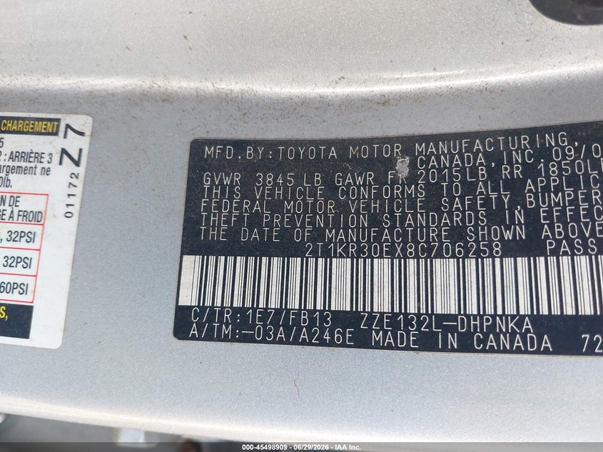 2008 Toyota Matrix Xr VIN: 2T1KR30EX8C706258 Lot: 45498909