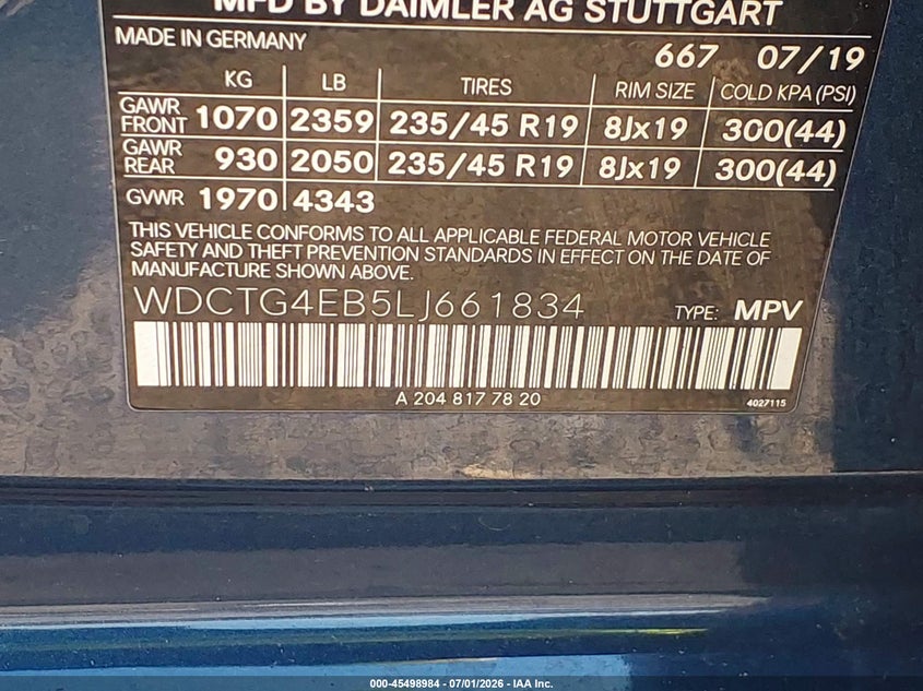 2020 Mercedes-Benz Gla 250 VIN: WDCTG4EB5LJ661834 Lot: 45498984