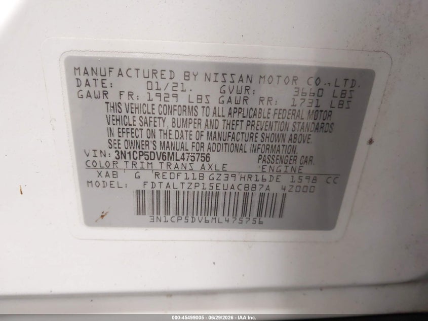 NISSAN KICKS 2021 VIN 3N1CP5DV6ML475756