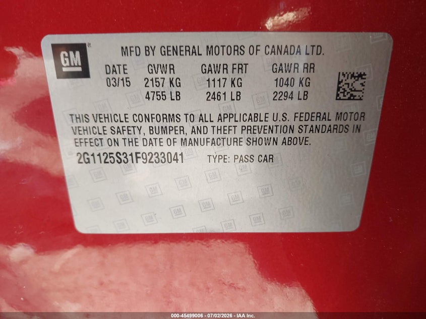 2015 CHEVROLET IMPALA SEDAN 3.6L V-6 DI, DOHC, VVT, 305HP