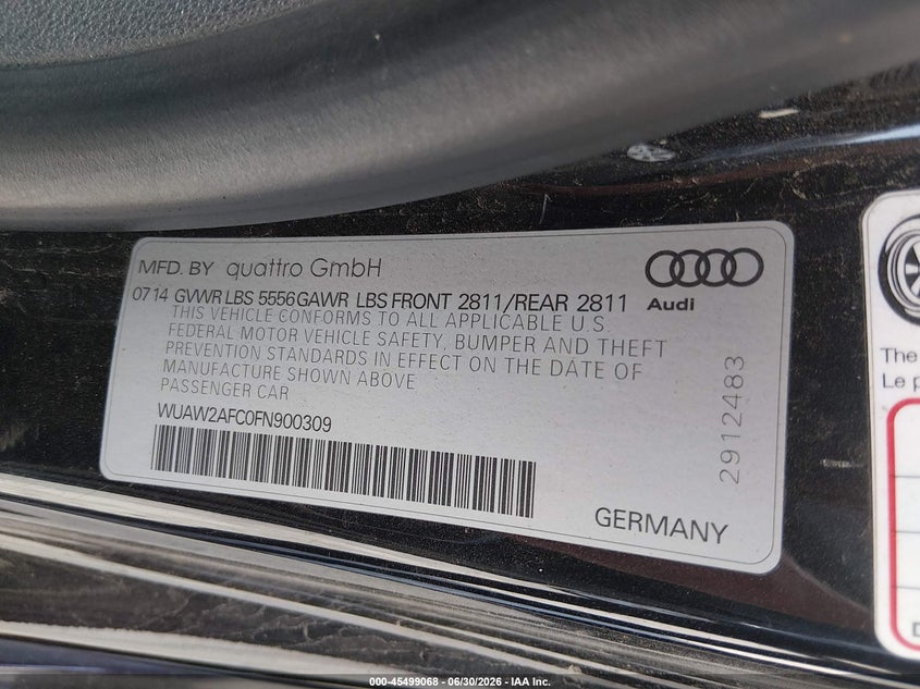 2015 Audi Rs 7 4.0T Prestige VIN: WUAW2AFC0FN900309 Lot: 45499068