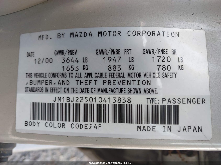 2001 Mazda Protege Es/Lx VIN: JM1BJ225010413838 Lot: 45499101