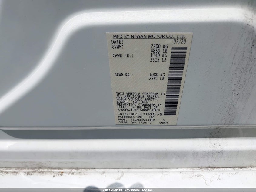 2020 Nissan Leaf S Plus 62 Kwh VIN: 1N4BZ1BP2LC308858 Lot: 45499119