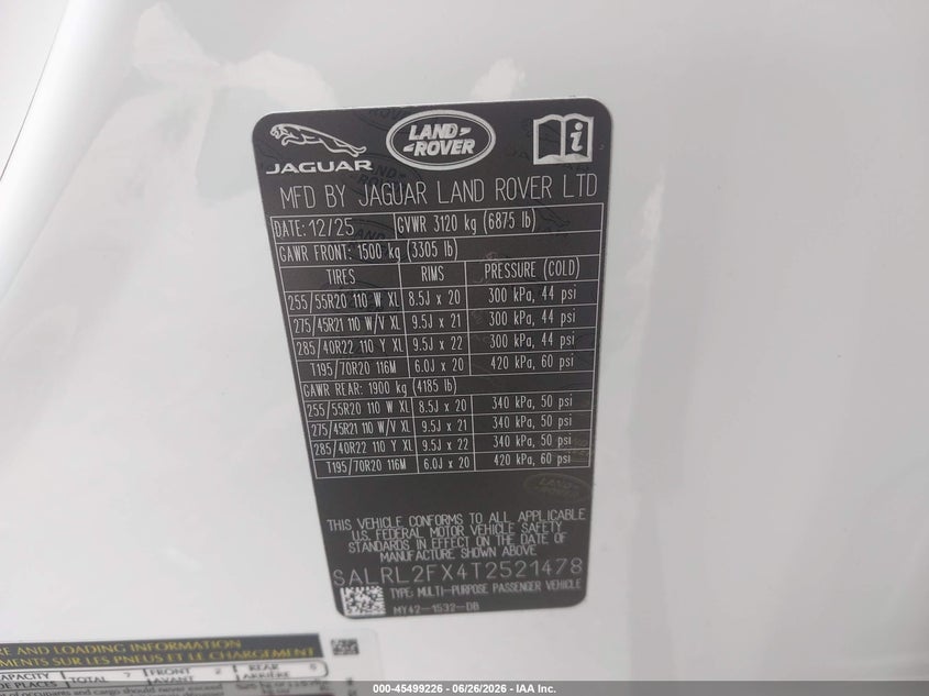 2026 Land Rover Discovery Dynamic Se VIN: SALRL2FX4T2521478 Lot: 45499226