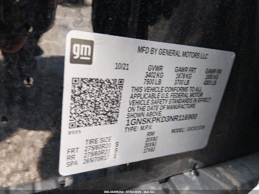 2022 Chevrolet Tahoe 4Wd Z71 VIN: 1GNSKPKD3NR116900 Lot: 45499254