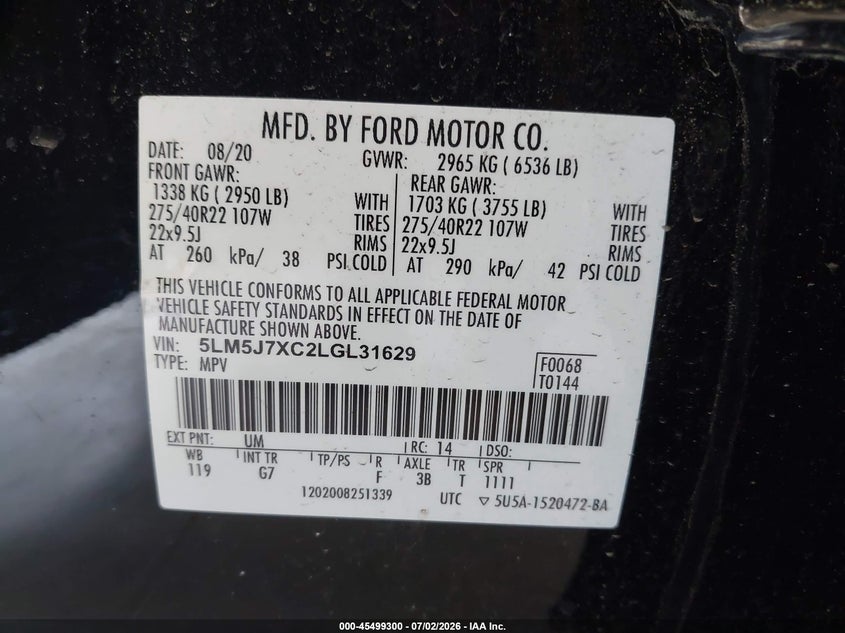 2020 Lincoln Aviator Reserve VIN: 5LM5J7XC2LGL31629 Lot: 45499300