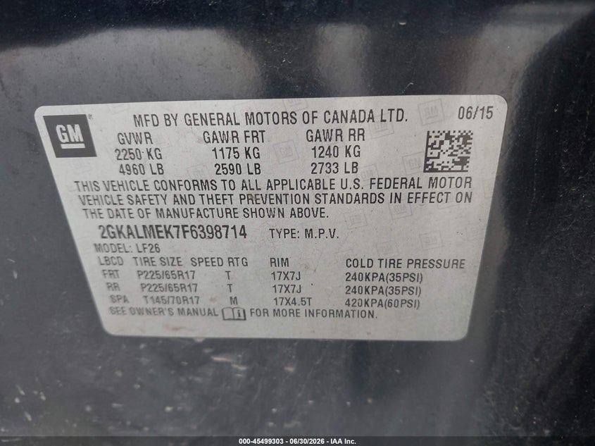 2015 GMC TERRAIN SPORT UTILITY VEHICLE 2.4L I-4 DI, DOHC, VVT, 182HP