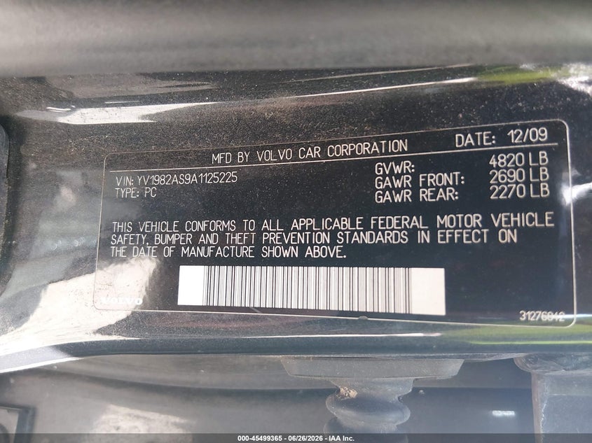 2010 Volvo S80 3.2 VIN: YV1982AS9A1125225 Lot: 45499365