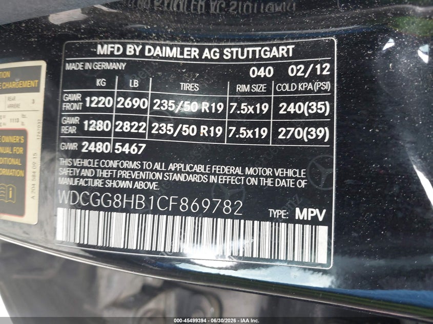 2012 Mercedes-Benz Glk 350 4Matic VIN: WDCGG8HB1CF869782 Lot: 45499394
