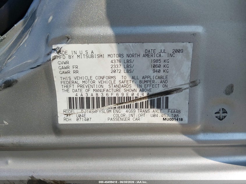 2009 Mitsubishi Galant Es/Sport Edition VIN: 4A3AB36F69E044013 Lot: 45499418