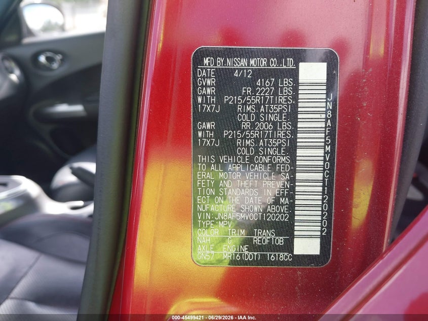 2012 Nissan Juke Sl VIN: JN8AF5MV0CT120202 Lot: 45499421