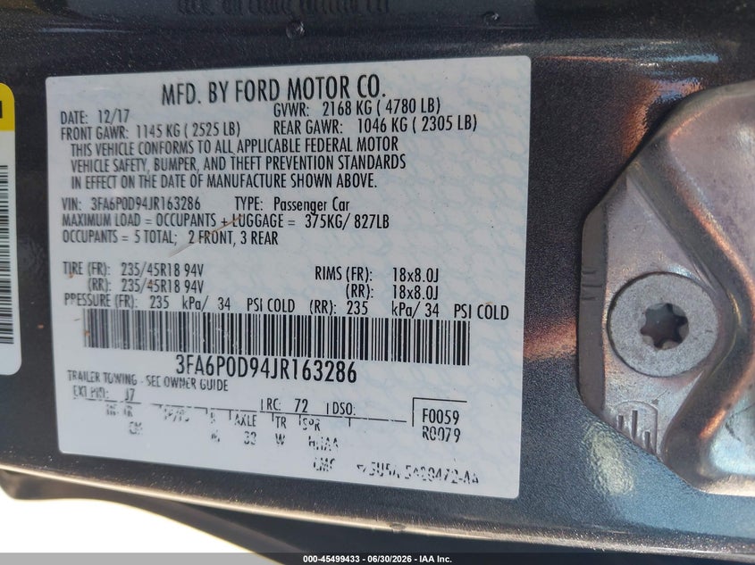 2018 FORD FUSION SEDAN 2.0L I-4 DI, DOHC, VVT, TURBO, 231HP
