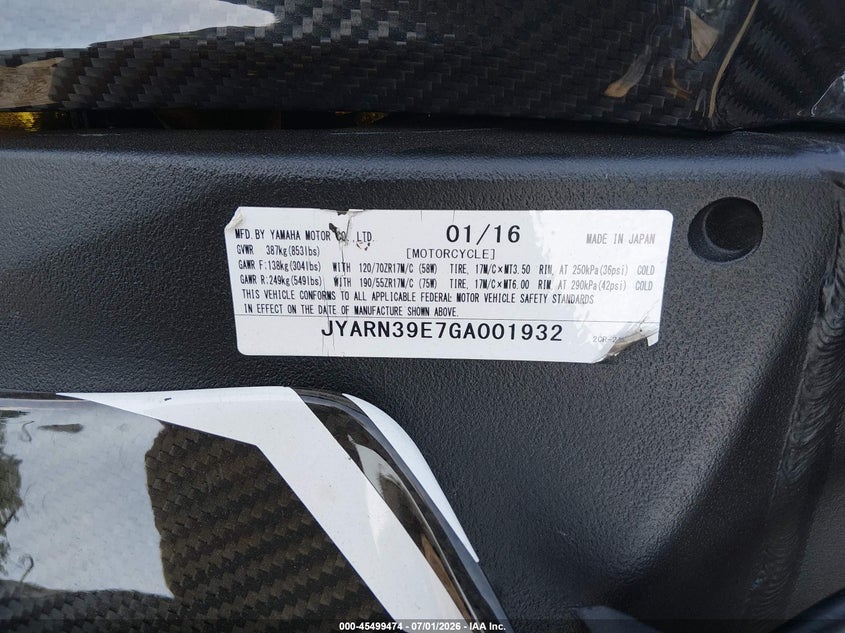 2016 Yamaha Yzfr1 VIN: JYARN39E7GA001932 Lot: 45499474