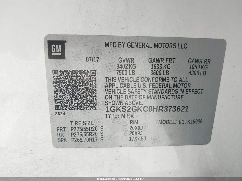 GMC YUKON XL 2017 VIN 1GKS2GKC0HR373621