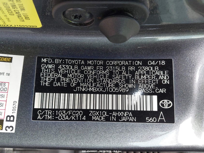 2018 Toyota C-Hr Xle VIN: JTNKHMBXXJ1005989 Lot: 45499583