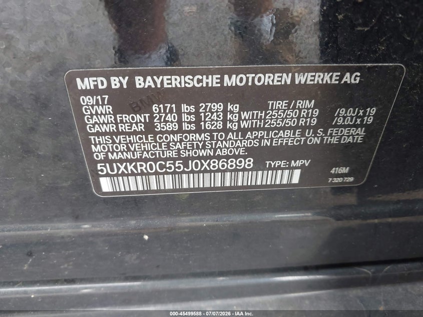 2018 BMW X5 xDrive35I VIN: 5UXKR0C55J0X86898 Lot: 45499588