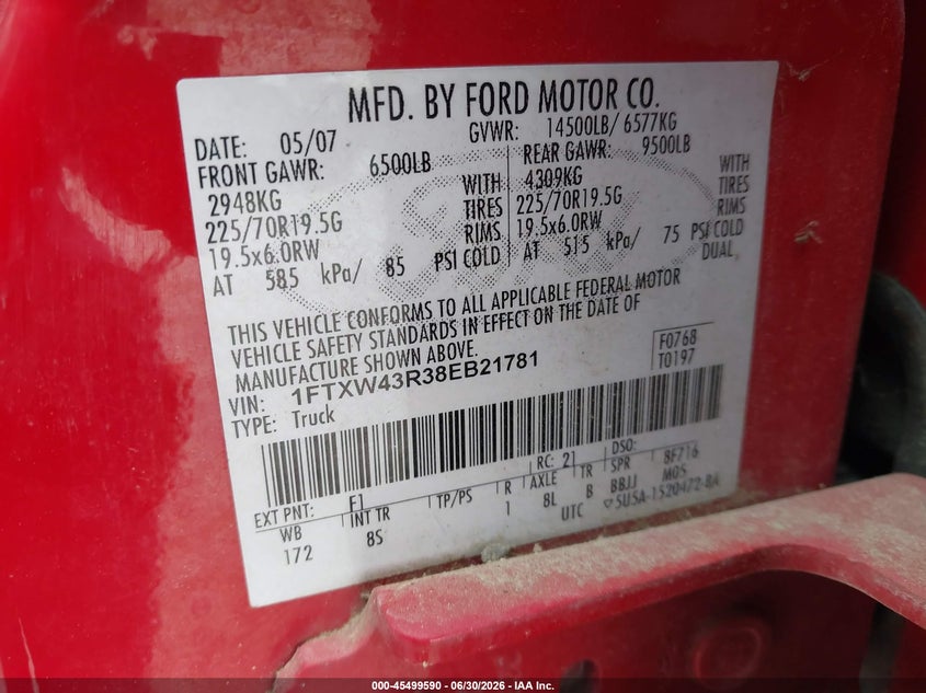 2008 Ford F-450 King Ranch/Lariat/Xl/Xlt VIN: 1FTXW43R38EB21781 Lot: 45499590