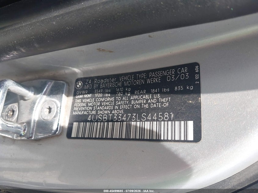 2003 BMW Z4 2.5I VIN: 4USBT33473LS44581 Lot: 45499685