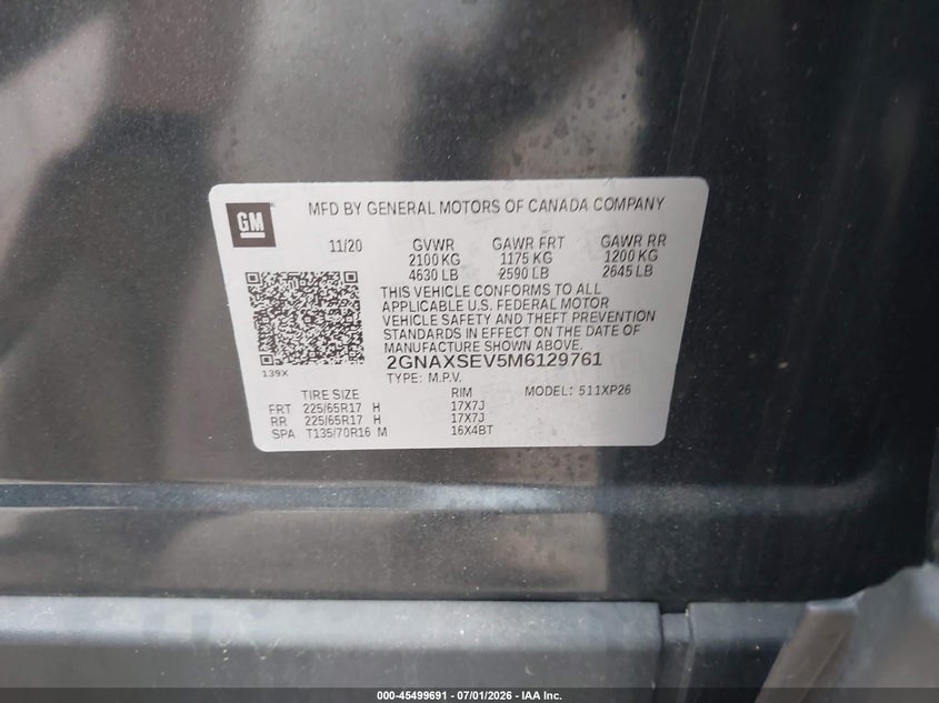 CHEVROLET EQUINOX 2021 VIN 2GNAXSEV5M6129761