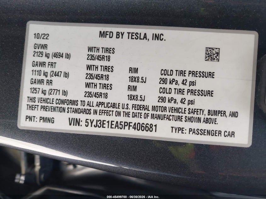 TESLA MODEL 3 2023 VIN 5YJ3E1EA5PF406681