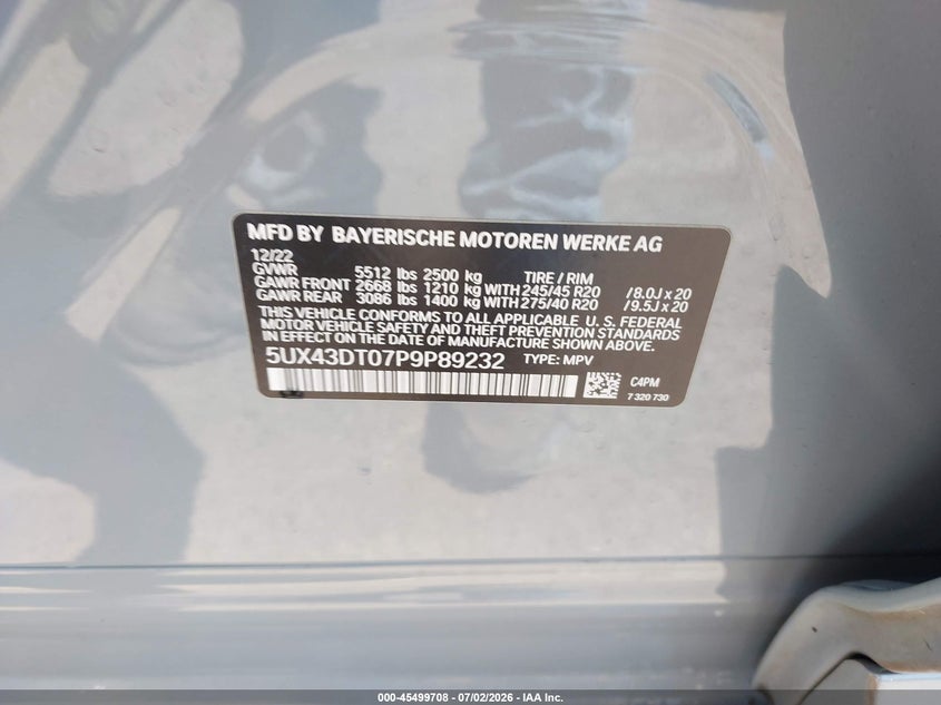 2023 BMW X4 M40I VIN: 5UX43DT07P9P89232 Lot: 45499708