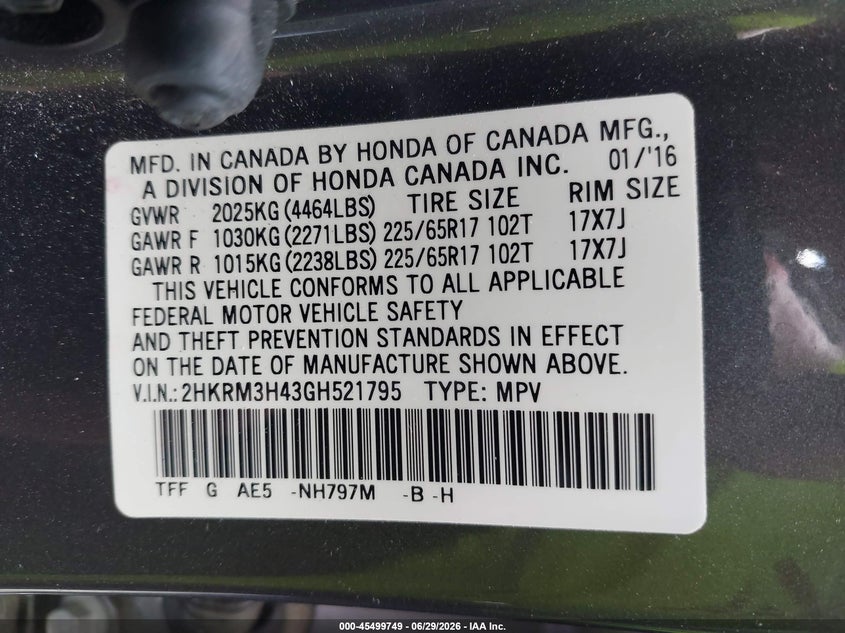 2016 HONDA CR-V SPORT UTILITY VEHICLE 2.4L I-4 DI, DOHC, VVT, 185HP