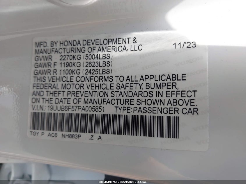 2023 Acura Tlx A-Spec Package VIN: 19UUB6F57PA005851 Lot: 45499753