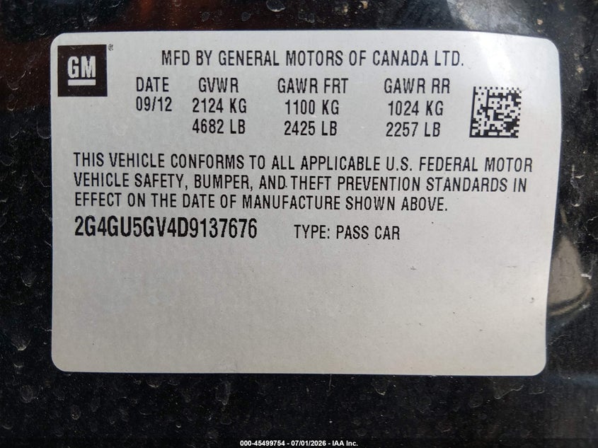 2013 Buick Regal Turbo - Premium 3 VIN: 2G4GU5GV4D9137676 Lot: 45499754