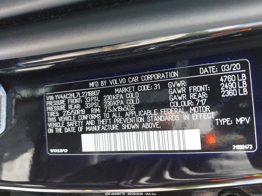 2020 Volvo Xc40 T4 Inscription VIN: YV4AC2HL7L2318807 Lot: 45499776