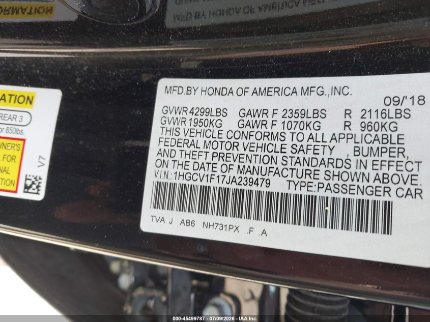 2018 HONDA ACCORD LX — Photo 9