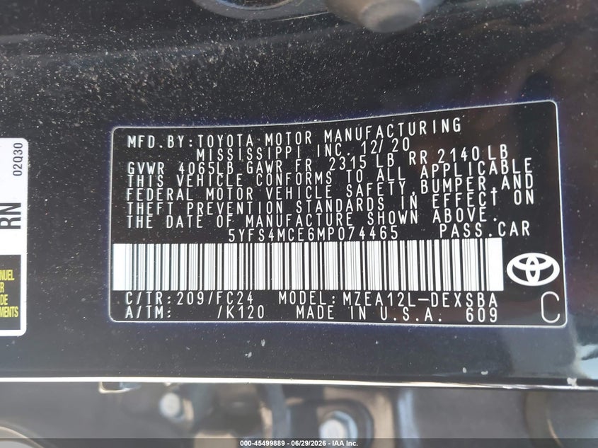 TOYOTA COROLLA 2021 VIN 5YFS4MCE6MP074465